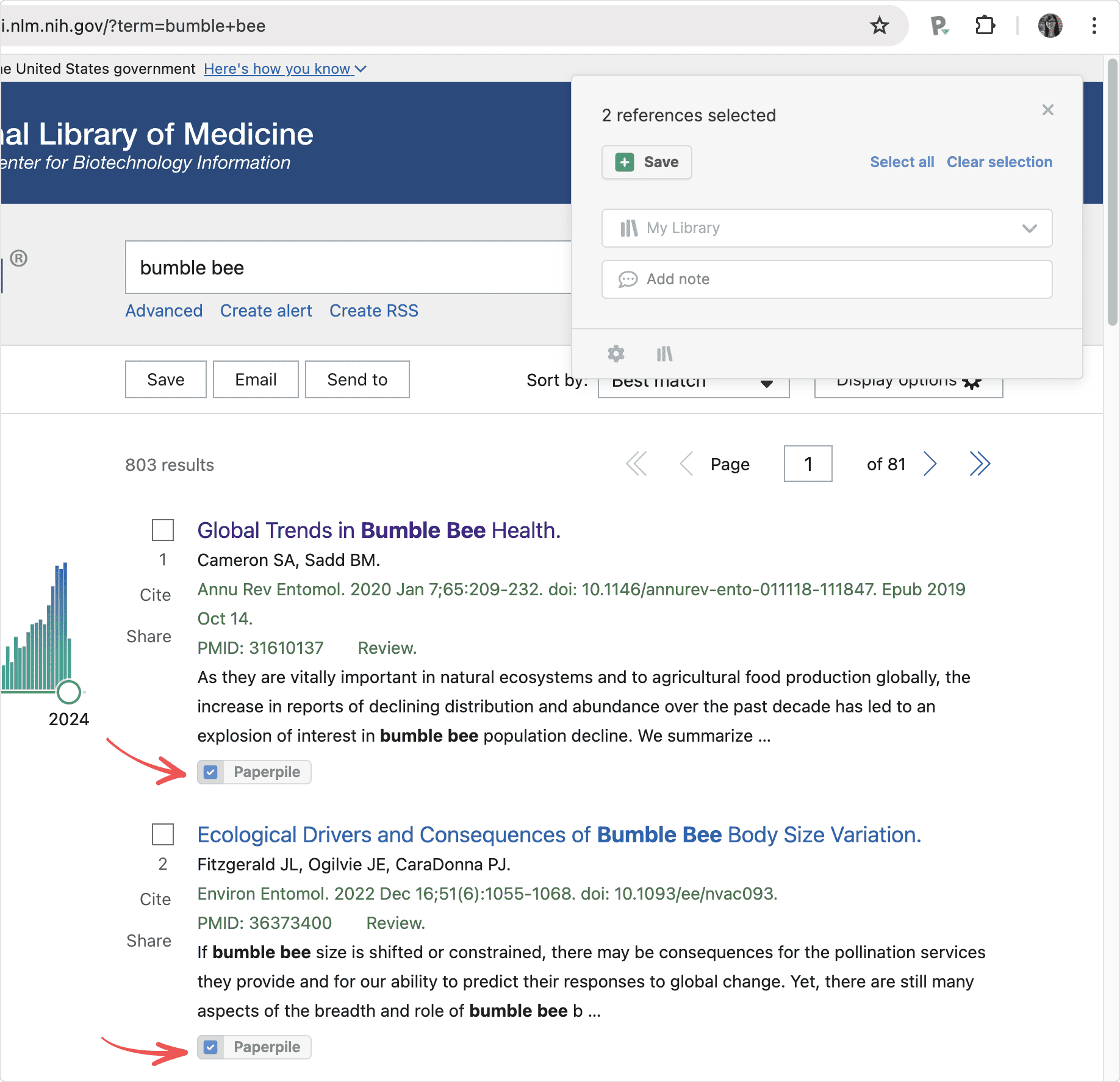PubMed results with red arrows pointing to two ticked Paperpile buttons, and the extension popup above reading “2 references selected” with Save, “Select all” and “Clear selection” controls.